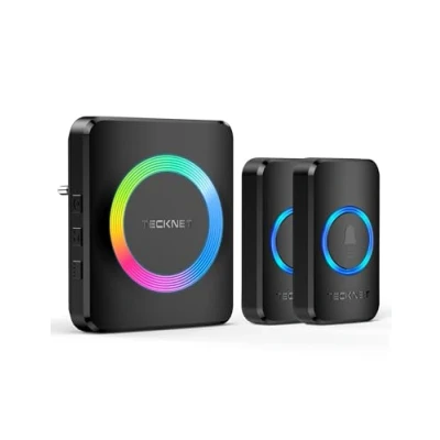 Abbildung von TECKNET Funkklingel, IP65 Funk Klingel Set Aussen Wasserdicht, Kabellose Türklingel 600M Reichweite, Haustür kit Mit 1 Plug In Empfänger und 2 Sender, 60 Melodien doorbell RGB Blitz