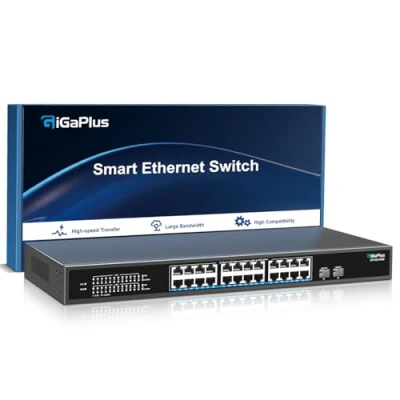 Abbildung von 26 Port 2.5Gb Unmanaged Ethernet Switch mit 24*2.5G Base T Ports, 2*10G SFP+ Ports. GiGaPlus 2.5Gbit/s Netzwerk für NAS/PC, WiFi6 Router, Wireless AP, Plug and Play