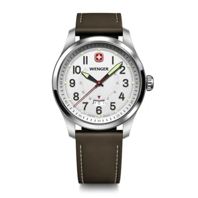 Abbildung von WENGER Herren Armbanduhr Terragraph, Ø 43 mm, Swiss Made, Analog Quarz, Wasserdicht bis 100 m, Leder Armband, Weiß/Braun, 01.0541.120