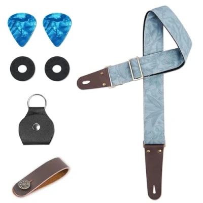 Abbildung von Czzmy Gitarrengurt, Verstellbarer Gitarren Gurt Gitarrenband Guitar Strap mit Lederenden Plektrum Knöpfe Gitarrenhals für E Gitarre Akustikgitarre Bass(1 Geschnitzt Hellblau)