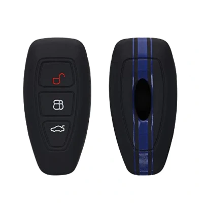 Abbildung von kwmobile Autoschlüssel Hülle kompatibel mit Ford 3 Tasten Keyless Go Schlüsselhülle Rallystreifen Sidelines Blau Schwarz