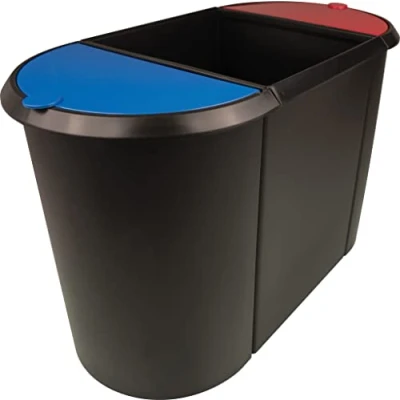 Abbildung von helit H6103597 Papierkorb „the triple“, oval, umlaufender Griffrand, schwarz / rot blau, Mülleimer 3 Fächer