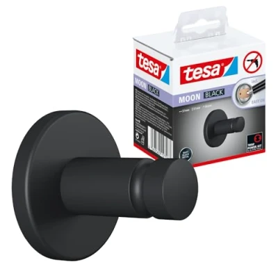 Abbildung von tesa Handtuchhaken MOON ohne Bohren 3,7 cm : 3,6 cm, Badezimmer, Gäste WC, Wandmontage, (Packung, 1 St., inkl. Klebelösung), selbstklebende Handtuchhalterung schwarz