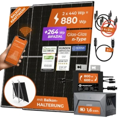 Abbildung von Solarway® 880W Balkonkraftwerk mit Speicher 800W komplett Steckdose neuester 800 Watt Wechselrichter 1,6 kWh Anker Solix 1 440W bifaziale Solarmodule &amp; Envertech