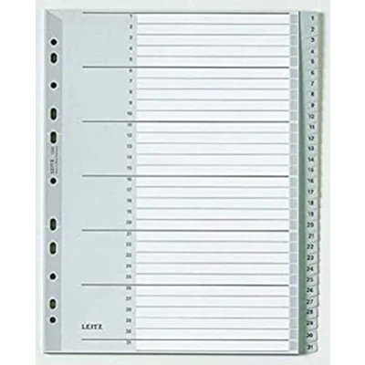Abbildung von Leitz Register für A4, Deckblatt aus Karton und 31 Trennblätter Kunststoff, Taben mit Zahlenaufdruck 1 31, Überbreite, Grau, 12810000
