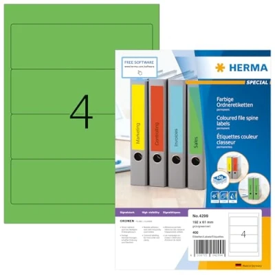 Abbildung von HERMA 4299 Ordnerrücken Etiketten kurz breit, 1400 Blatt, 192 x 61 mm, 4 pro A4 Bogen, 5600 Stück, selbstklebend, bedruckbar, blickdicht, blanko Papier Ordneretiketten Rückenschilder Aufkleber, grün