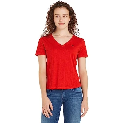 Abbildung von Tommy Jeans TJW SLIM SOFT V NECK TEE Top, Damen, Größe: Small, Deep crimson