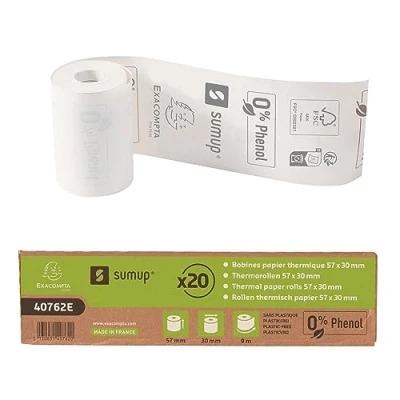 Abbildung von Exacompta SumUp 40762E 20er Pack Thermorollen für 3G+ und Solo Geräte, 1 lagig, Breite: 57mm, Länge 9m, ohne Kern, Kernlose Kassenrolle 55g/m² Bonrolle Drucker extra weiß
