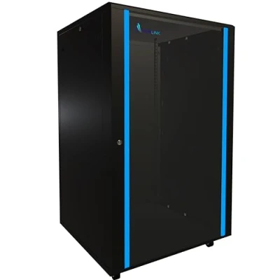 Abbildung von Netzwerkschrank 19 Zoll 27 HE 800x800 freistehend abnehmbare Seitenwände selbstmontierender Rahmen Serverschrank für Switches UPS Server gehärtetes Glas Schwarz Rack