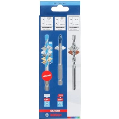 Abbildung von Bosch Professional 5 teiliges Bohrer Set EXPERT HEX 9 HardCeramic &amp; 1x MultiConstruction (für Keramik, MultiConstruction, Ø 6 mm, Zubehör für Bohrer/Schraubendreher)