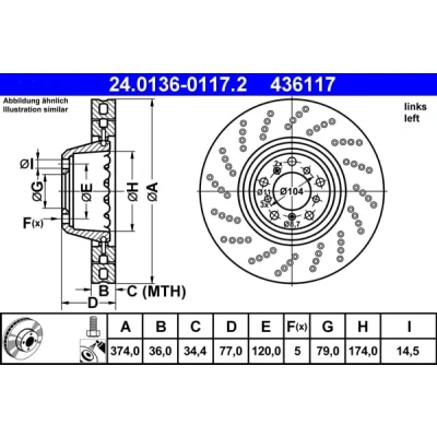 Abbildung von ATE 24.0136 0117.2 Bremsscheibe 374,0 36,0 5 120,0 Verbundbremsscheibe, gelocht/innenbel. beschichtet hochgekohlt mit Schrauben BMW: Touring