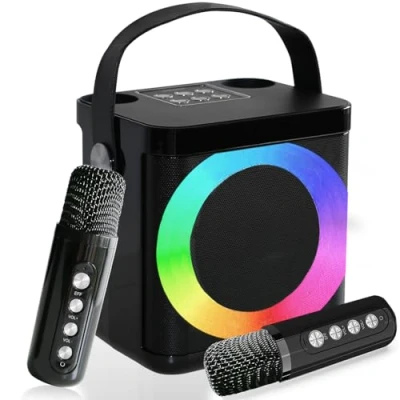 Abbildung von Karaoke Maschine mit 2 Drahtlosen Mikrofonen, Tragbares Bluetooth Set für Kinder Erwachsene Stimme wechselnde Effekte &amp; LED Lichter Jungen Mädchen Geschenke Heimparty
