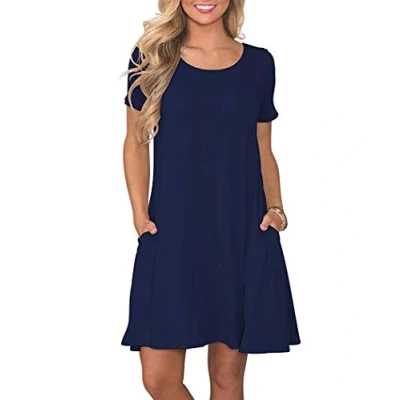 Abbildung von AUSELILY Damen Kleider Sommer Kurzarm Shirtkleider Kurz Sommerkleider Leicht Freizeitkleid mit Taschen Navy Blau M