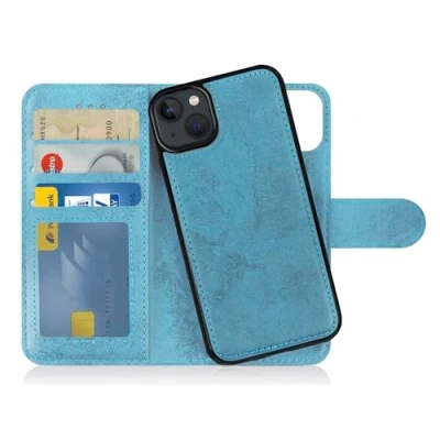 Abbildung von MyGadget Flip Case für iPhone 14 Plus [ abnehmbare Magnet Hülle ] Handyhülle aus Kunstleder Klapphülle mit Kartenfach Schutzhülle in Hellblau