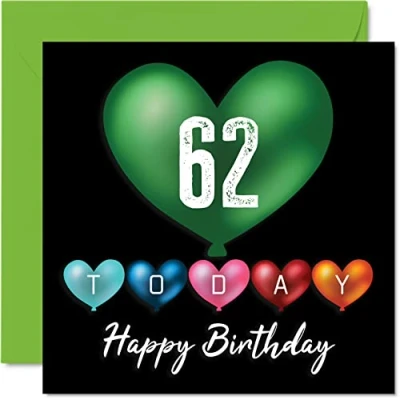Abbildung von Stuff4 Lustige Geburtstagskarte zum 62. Geburtstag für Männer und Frauen Herzballons Happy Birthday Karte Vater, Mutter, Großvater, Nanny, Oma, Onkel, Tante, Cousin, 145 mm x