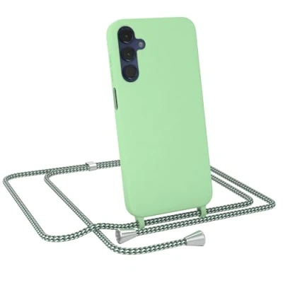 Abbildung von EAZY CASE Hülle mit Band kompatibel Samsung Galaxy A15 Handyhülle für Silikon Mikrofaser stoßfester Fallschutz Kette zum Umhängen Handykordel Hell Grün Camouflage Clips Silber