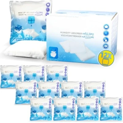 Abbildung von Stimo 12x Luftentfeuchter Nachfüllpack 400g Raumentfeuchter Feuchtigkeits Stopper Granulat Beutel (12x 400g), Weiß