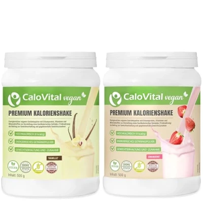 Abbildung von Trinknahrung Vegan Kalorien Shake zum zunehmen Astronautennahrung Trinkmahlzeit mit Kohlenhydrate Protein Vitamine &amp; Mineralstoffe CaloVital 2er SPARSET Vanille Erdbeere