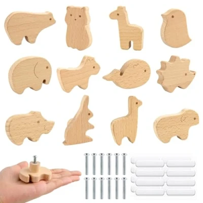 Abbildung von HGRGHH 12 PCS Schrankknöpfe Holz, Tierform Möbelknöpfe, Holz Kommodenknöpfe mit Schrauben, Knauf für Schränke, Holzknäufe Tiermotiven, Holzknöpfe fur Kinderzimmer, Schubladenknöpfe Dekoration