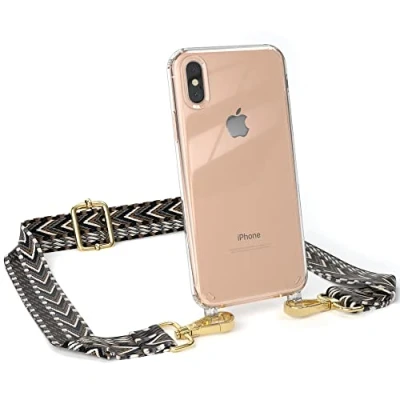 Abbildung von EAZY CASE Handykette Verstellbarer Gurt kompatibel mit iPhone X/XS, Schulterriemen, Flache Kordel, Handykordel Hülle, Hülle Kette, Grau/Schwarz Metall Gold