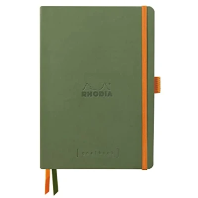 Abbildung von Rhodia 117804C Notizheft Softcover Rhodiarama Goalbook DIN A5 (14,8x21 cm), 120 Blatt, DOT, 2 Lesezeichenbänder, Gummizugverschluss, Cover aus Kunstleder Salbei, 1 Stück