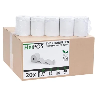 Abbildung von HeiGroup HeiPOS 20x Kassenrollen Thermorollen 57 mm x 40 m 12 55 g/m² Papier Für EC Cash, Kreditkarten Kassensysteme und mehr