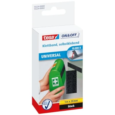 Abbildung von tesa On &amp; Off Klettband zum Aufkleben Selbstklebendes Klettklebeband zur Befestigung leichter Gegenstände Schwarz, 2 cm x 100