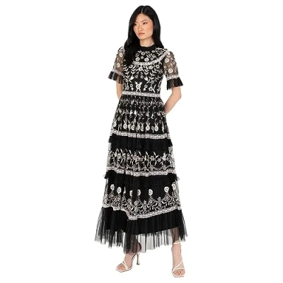 Abbildung von Maya Deluxe Women&#039;s Midi Ladies Ruffle Frilly Floral Embroidered Tiered Ball Gown for Wedding Guest Prom Evening Occasion Dress, Black, 46