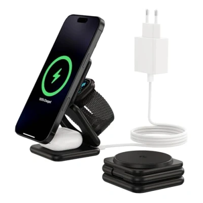Abbildung von KU XIU X40Q Induktive Ladestation 3 in 1, Mag Safe Kabelloses Ladegerät mit Qi2, 15W Schnellladung für iPhone 16/15/14/13/12, 5W Apple Watch 10/9/8/7/Ultra/SE, AirPods Pro/4/3/2 Schwarz