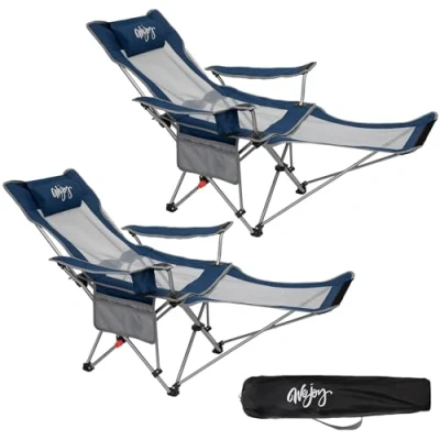 Abbildung von #WEJOY 2 in 1 Campingstuhl Faltbar, Strandstuhl mit Verstellbarer Rückenlehne &amp; Fußstütze Campingstühle für Erwachsene Wattepad Kissen Getränkehalter Armlehnentaschen Marine/Grau 2er Set