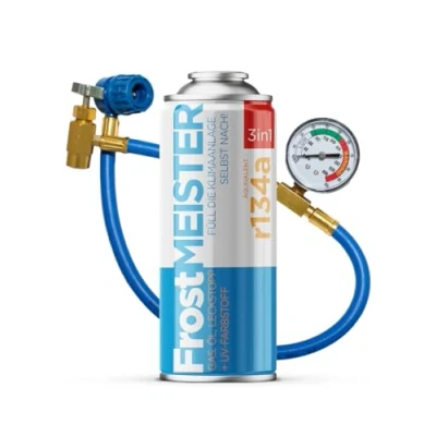 Abbildung von FrostMEISTER 3in1 Komplettes Nachfüllset für Auto Klimaanlagen (400 ml + Manometer Schlauch) Enthält Gasersatz, Kompressoröl &amp; Dichtmittel schnelles, sicheres AC Upgrade (R134a, 19952016)