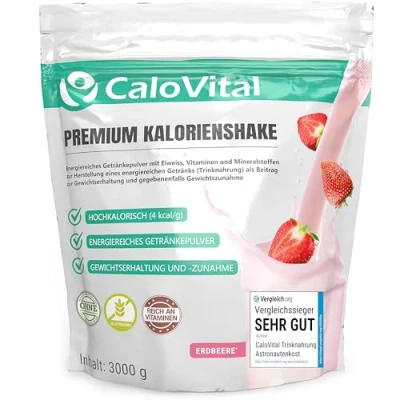 Abbildung von Trinknahrung hochkalorisch für Gewichtszunahme Kohlenhydrate &amp; Eiweiß als Kalorien Shake Hochdosiert mit vielen Vitaminen CaloVital Premium Qualität aus Deutschland Erdbeere 3000g
