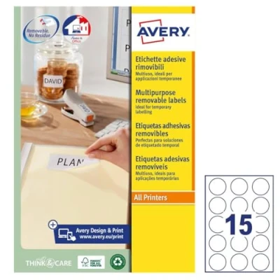 Abbildung von Avery Selbstklebende runde Etiketten, ablösbar, 15 Etiketten pro A4 Blatt, 375 Weiß