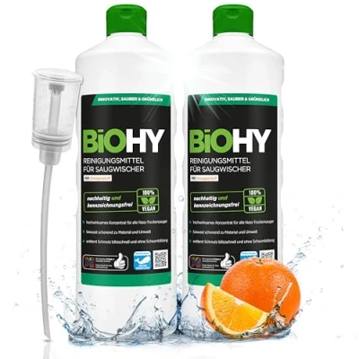 Abbildung von BiOHY Reinigungsmittel für Saugwischer mit Orangenduft (2 x 1 liter) + Dosierer 1:200 Konzentrat alle Nass Trockensauger ideal Fliesen, PVC, Parkett, Laminat &amp; Teppich streifenfrei