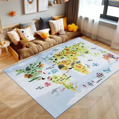 Abbildung von Teppich Weltkarte mit Tierdesign, SIMPEX24, Läufer, Höhe: 7 mm, Kinderteppich Tierdesign Kinderzimmer Rutschfest
