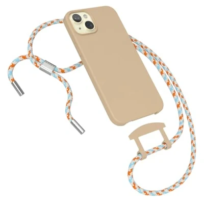 Abbildung von EAZY CASE Hülle mit Band kompatibel iPhone 15 Plus Handyhülle für Silikonhülle Mikrofaser stoßfest Fallschutz Handykette zum Umhängen 2in1 Schutzhülle Handykordel Nude Orange