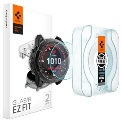 Abbildung von Spigen Glas.tR EZ Fit Schutzfolie kompatibel mit Garmin Fenix 8, 7X series, Epix Pro, 51mm, 2 Stück, Kratzfest, 9H Härte Folie