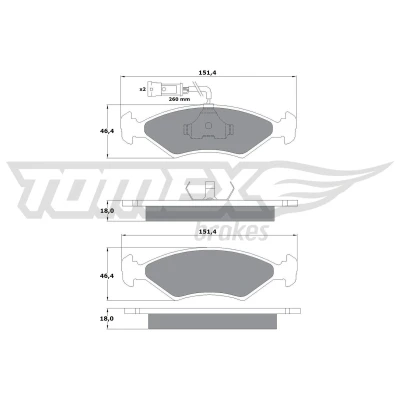 Abbildung von TOMEX brakes TX 10 281 Bremsbelagsatz Vorderachse inkl. Verschleißwarnkontakt FORD: FIESTA 4, 3, Sierra Mk2 Limousine, MAZDA: 121 III Hatchback