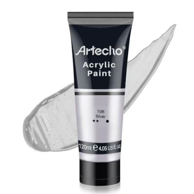 Abbildung von Artecho Acrylfarbe Silber 120 ml, Wasserfest und Lichtecht, Schnell Trocknend, für Leinwand, Holz, Stoff, Handwerk, Leder Stein.