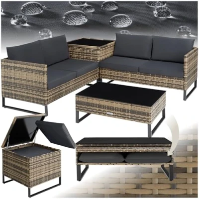 Abbildung von tectake® Poly Rattan Lounge Sitzgruppe, Gartenmöbel Set mit Sofa, Tisch Glasplatte, Auflagenbox, Outdoor Kissen wetterfest, Möbel für Garten, Balkon, Terrasse oder Wintergarten Natur