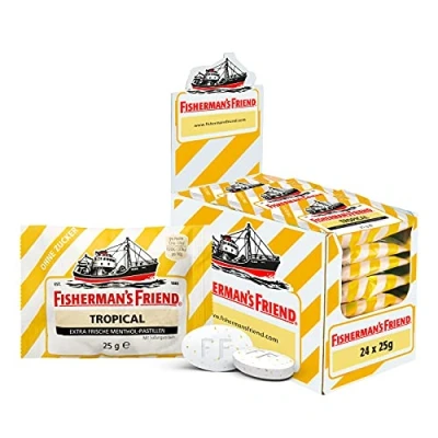 Abbildung von Fisherman’s Friend Tropical, 24er Vorratsbox, Exklusive Sorte: Ananas, Melone, Guave Geschmack, zuckerfrei, vegan, Bonbons für frischen Atem, 24x25g