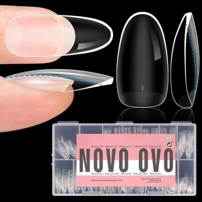 Abbildung von NOVO OVO Extra dicke Nagelspitzen zum Aufdrücken, medium Oval Round soft gel nail tips thick, natürliche Kurve, mittlere, vollständige Abdeckung, künstliche Nägel für Acryl French 14 Größen 336 Stück