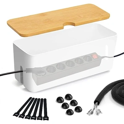 Abbildung von Lannvan Kabelbox (weiß/groß) aus ABS Kunststoff mit Bambusdeckel Kabel Organizer Box Inkl. Zubehör zum Verstecken Kabelmanagement können aufgehängt Werden