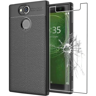 Abbildung von ebestStar kompatibel mit Sony Xperia XA2 Ultra Hülle Ultra/Dual (2018) Lederhülle Design TPU Handyhülle Schutzhülle, Flex Silikon Case, Schwarz + Panzer Schutz Glas