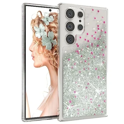 Abbildung von EAZY CASE Hülle kompatibel mit Samsung Galaxy S23 Ultra Schutzhülle Flüssig Glitzer, Handyhülle, Schutzhülle, Back Cover Glitter Flüssigkeit, TPU/Silikon, Transparent/Durchsichtig, Silber
