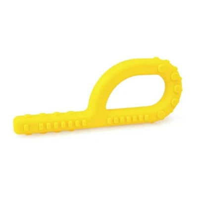 Abbildung von ARK® Grabber Standard in glatt oder texturiert mit einfacher Handhabung für Kinder durch Schlaufenform inkl. ATC Pflegeanleitung Kiefermotorik, Beißblock, Kauen, Zahnen (weich gelb, texturiert)