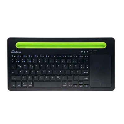 Abbildung von MediaRange, Bluetooth, kompakte Multi pairing Funk Tastatur mit 78 Tasten und Touchpad, QWERTZ (DE/AT/CH) Tastaturbelegung, schwarz/grün