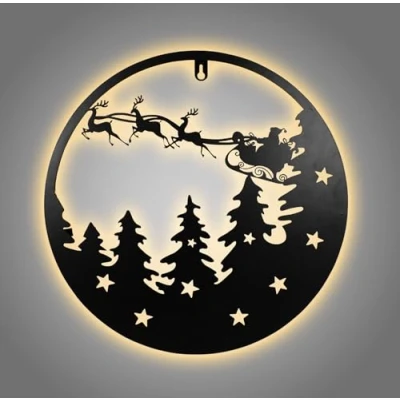 Abbildung von LED Metall Weihnachts Silhouettenbild schwarz 35 cm Deko Wandbild zum Hängen warm weiß beleuchtet Schatten Silhouette Wand Licht Bild Winter Szene Motiv indirekte Beleuchtung