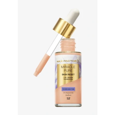 Abbildung von Max Factor Miracle Pure 2in1 Skin Reset Serum Foundation, 10 30, Fair, vegane Formel, gleicht den Teint aus, mittlere Deckkraft, mattes Finish, Formel mit Niacinamid und Bisabolol, 30 ml