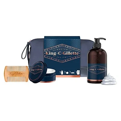 Abbildung von King C. Gillette Geschenkset Herren mit Kulturbeutel + Bartkamm Bartshampoo (Waschgel) Bartbalsam, Rasierset Geschenk Männer